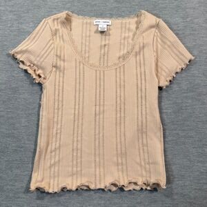 Better Together Top Women S‎ Beige Ribbed Lace Lettuce Hem Short Sleeve Tee